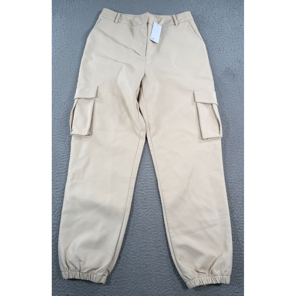 Ovi Pant Womens Large Beige Cargo Flap Pockets Leather‎ Straight Leg Tapered